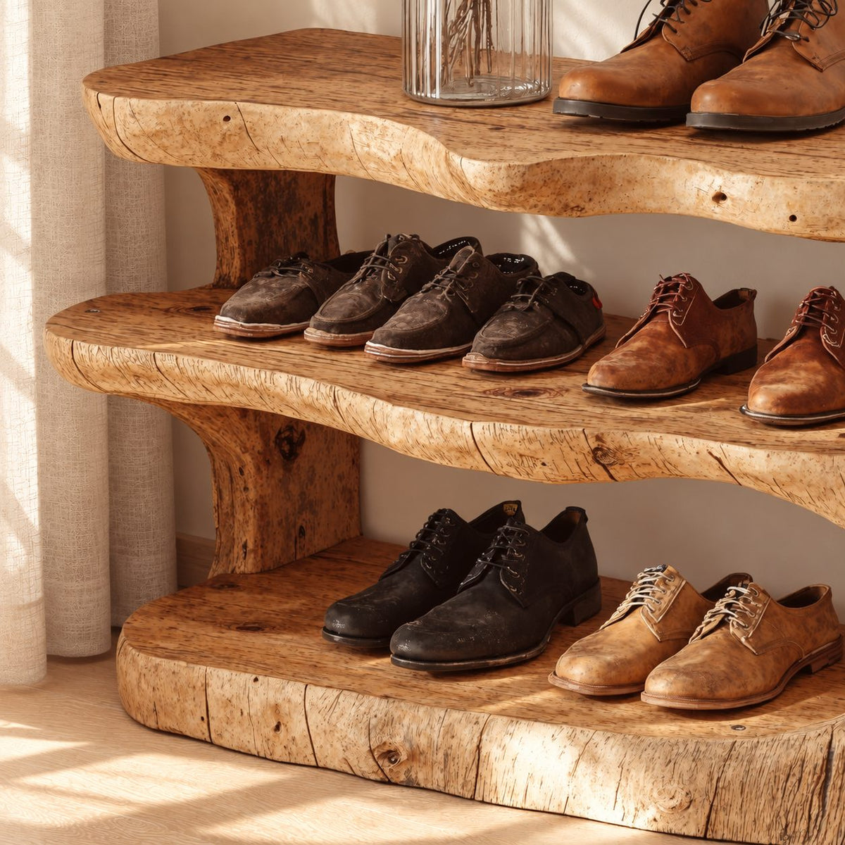 Carved Log Three Tier Shoe Rack, Rustic Solid Wood Entryway Shoe Shelf with Natural Trunk Ends