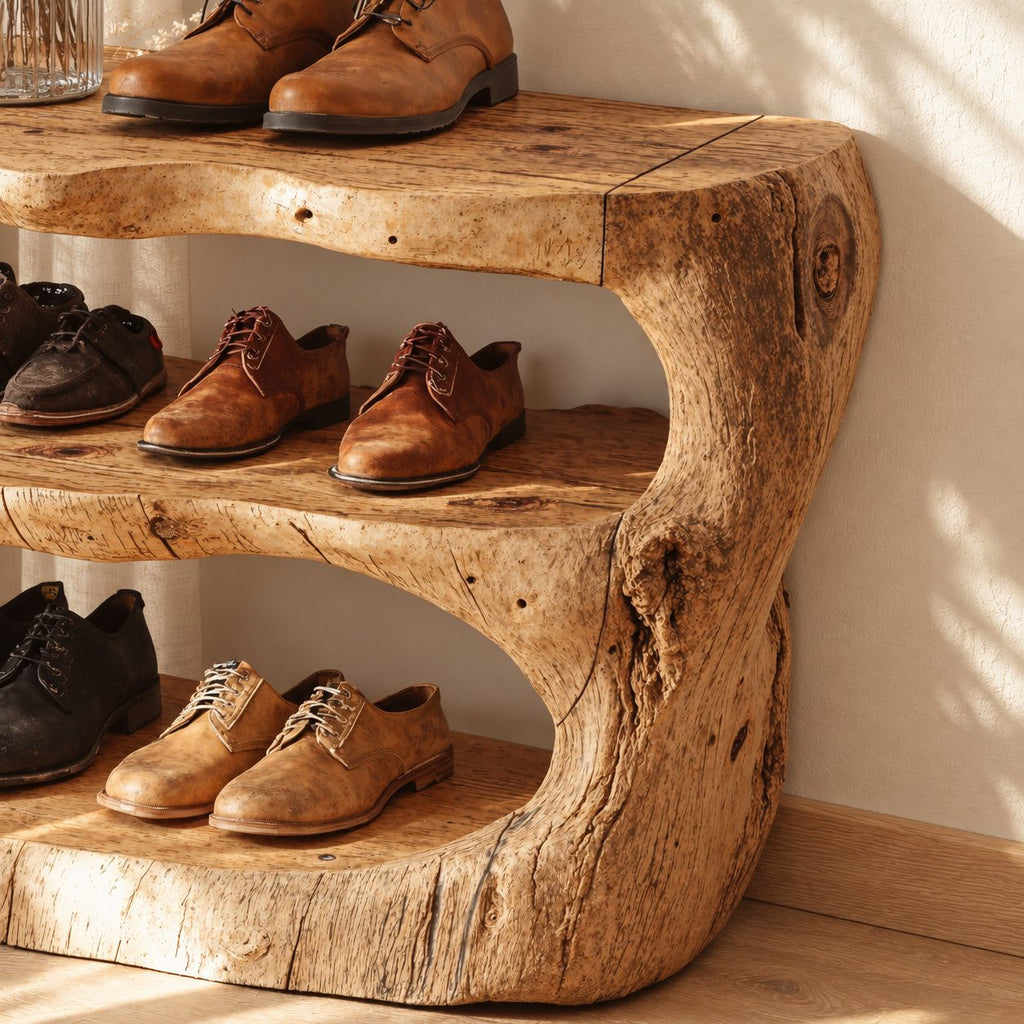Carved Log Three Tier Shoe Rack, Rustic Solid Wood Entryway Shoe Shelf with Natural Trunk Ends