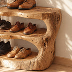 Carved Log Three Tier Shoe Rack, Rustic Solid Wood Entryway Shoe Shelf with Natural Trunk Ends