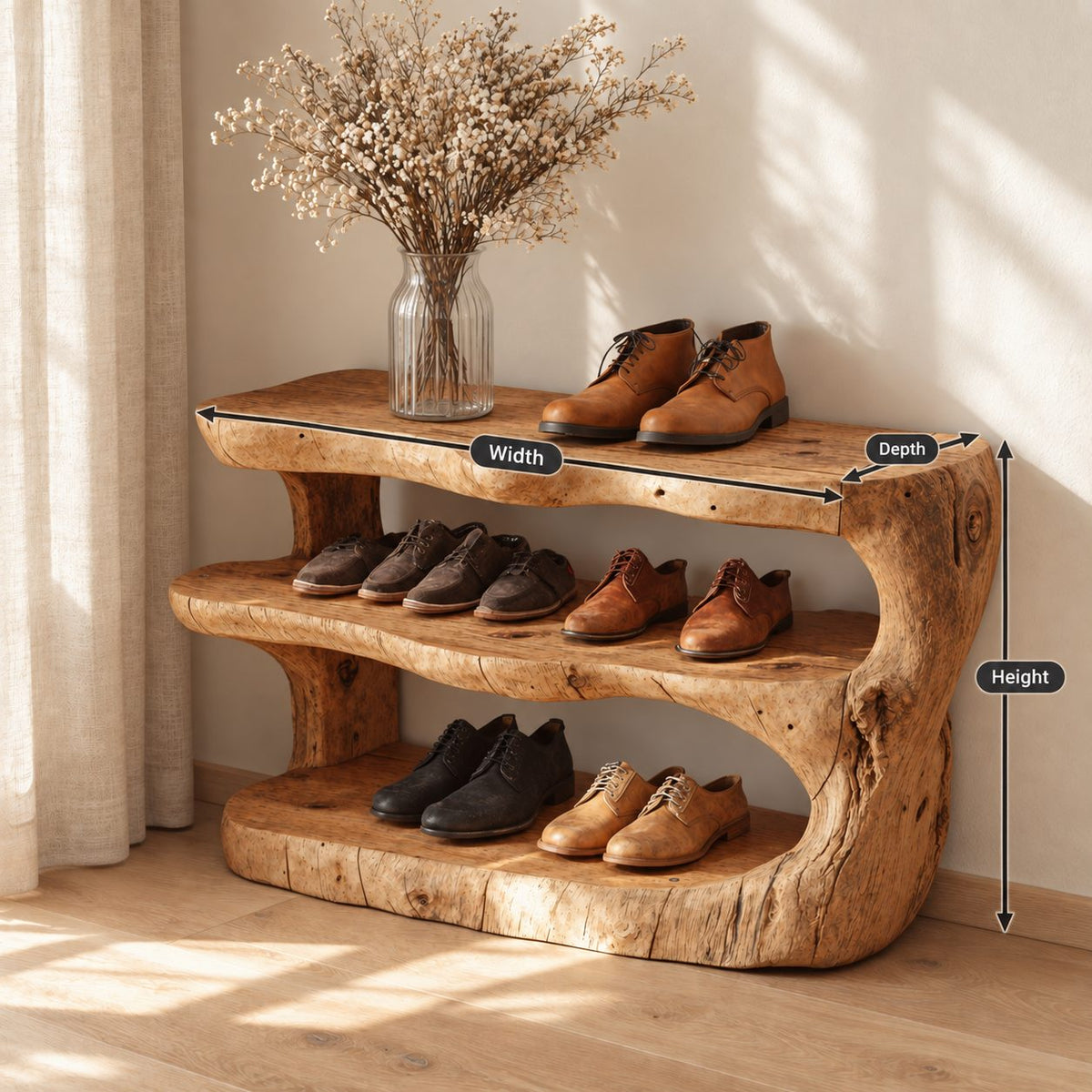 Carved Log Three Tier Shoe Rack, Rustic Solid Wood Entryway Shoe Shelf with Natural Trunk Ends