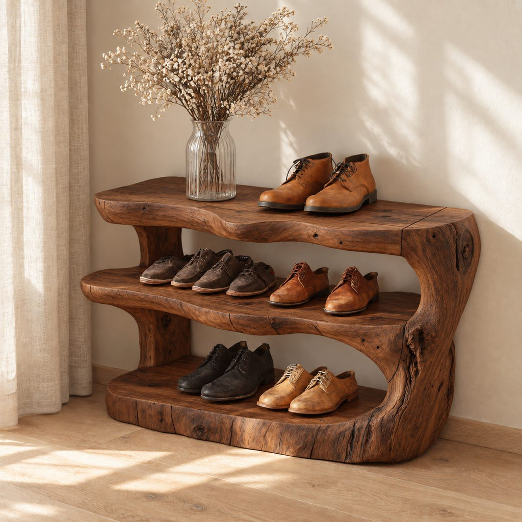 Carved Log Three Tier Shoe Rack, Rustic Solid Wood Entryway Shoe Shelf with Natural Trunk Ends