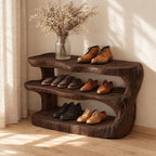 Carved Log Three Tier Shoe Rack, Rustic Solid Wood Entryway Shoe Shelf with Natural Trunk Ends