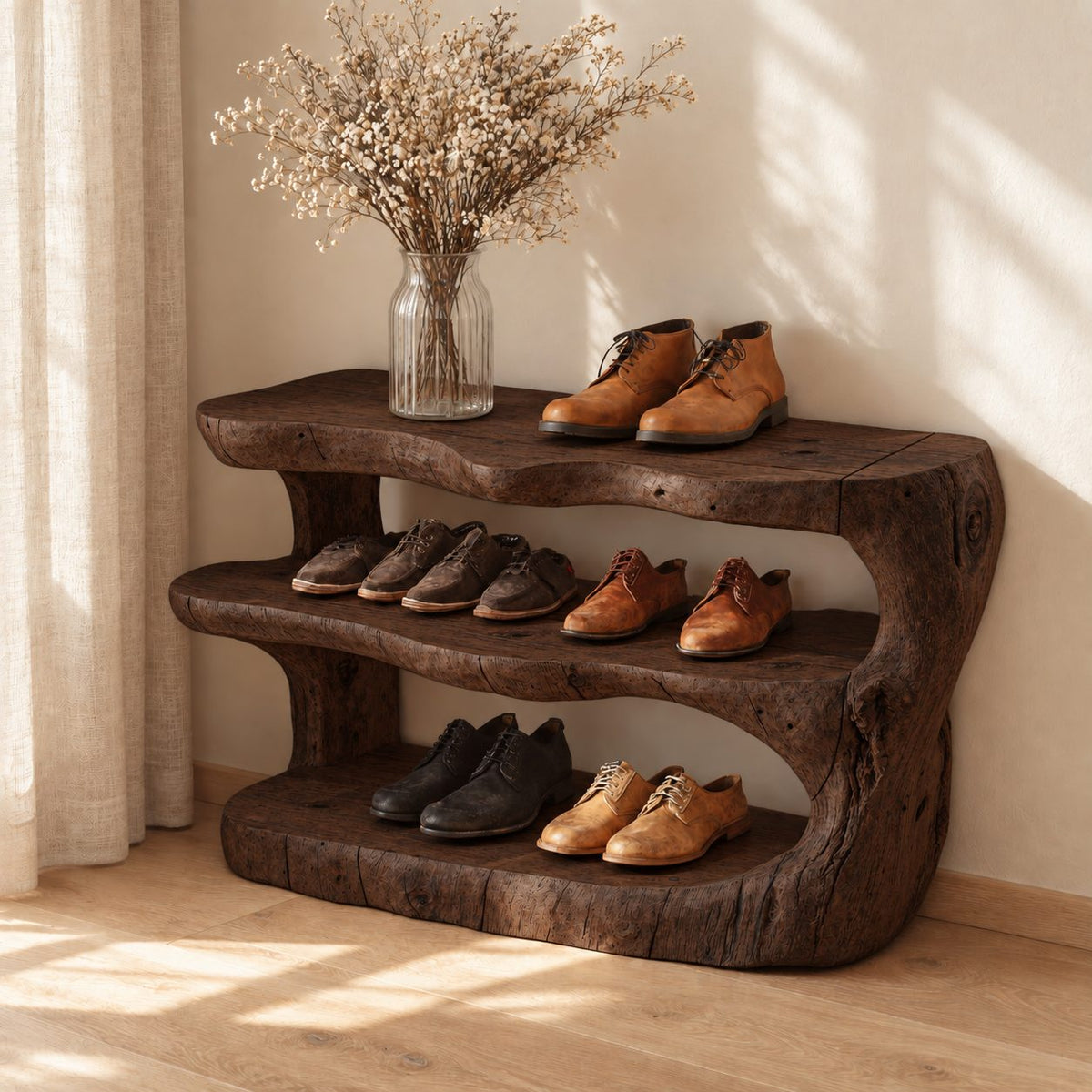Carved Log Three Tier Shoe Rack, Rustic Solid Wood Entryway Shoe Shelf with Natural Trunk Ends