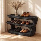 Carved Log Three Tier Shoe Rack, Rustic Solid Wood Entryway Shoe Shelf with Natural Trunk Ends