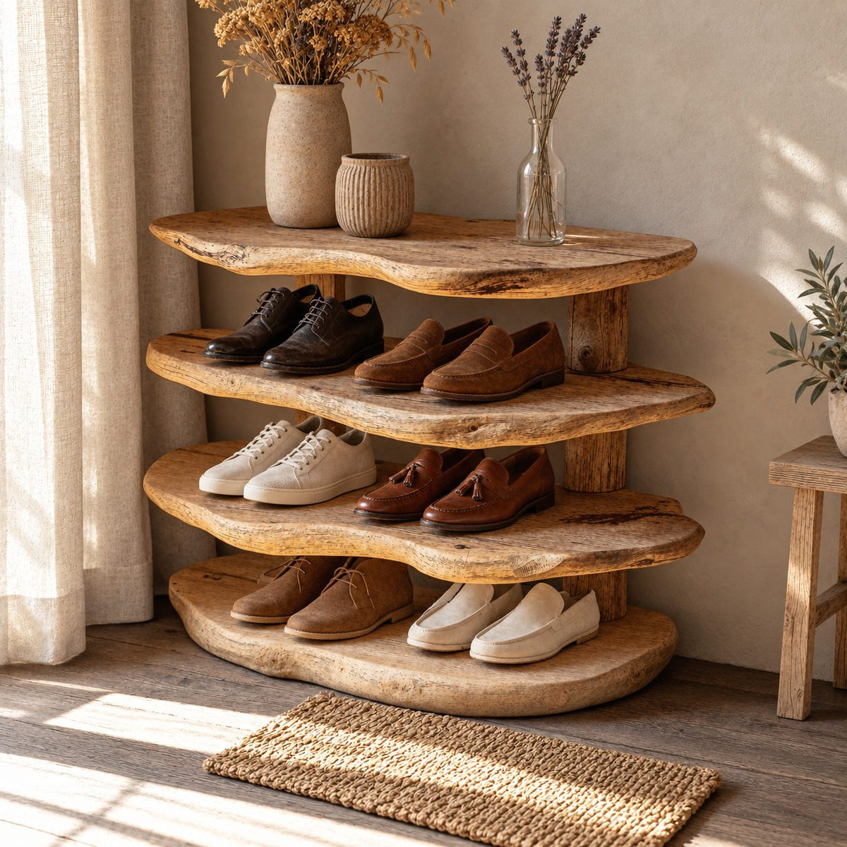 Stacked Slab Four Tier Shoe Rack, Organic Live Edge Solid Wood Entryway Shoe Shelf on Rear Posts