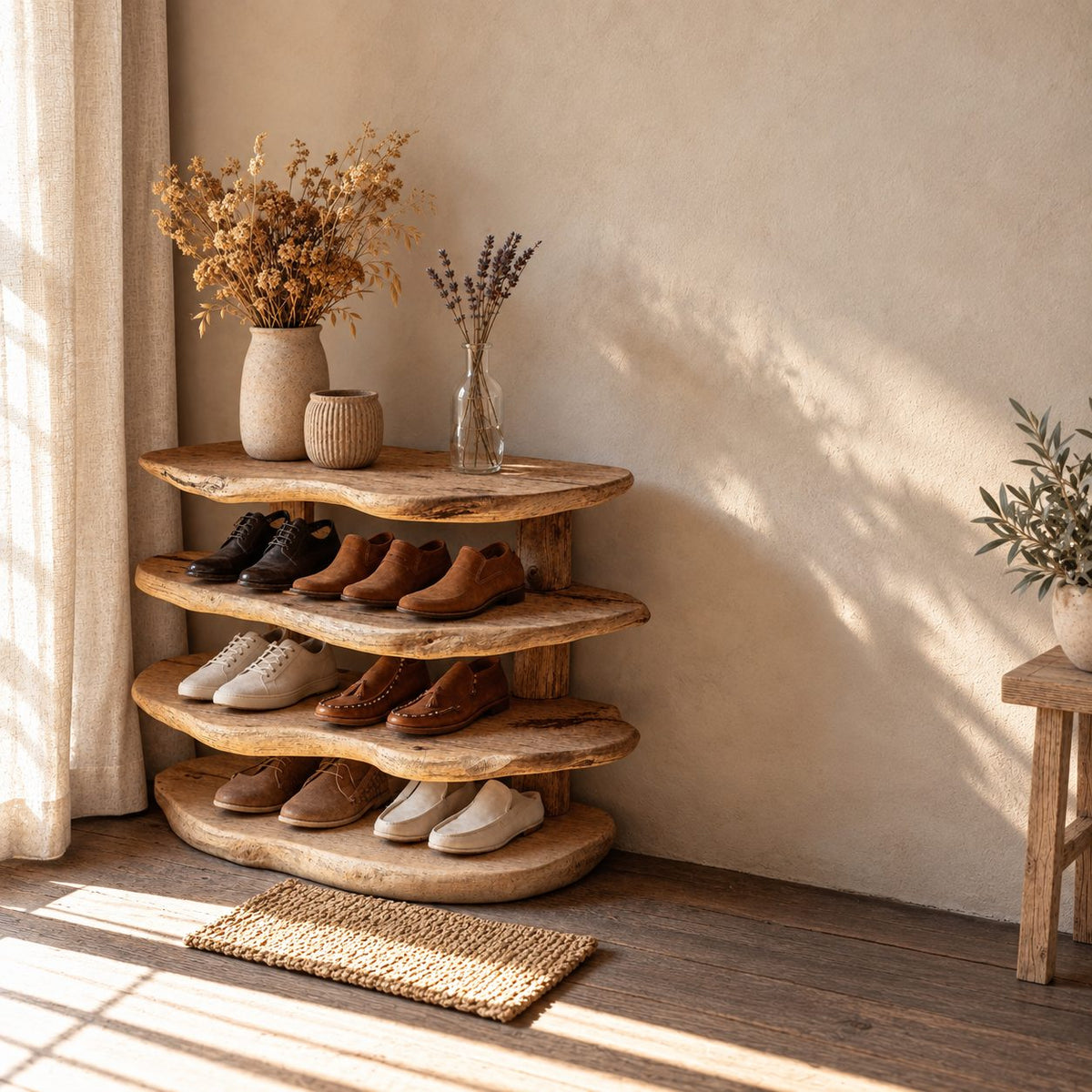 Stacked Slab Four Tier Shoe Rack, Organic Live Edge Solid Wood Entryway Shoe Shelf on Rear Posts