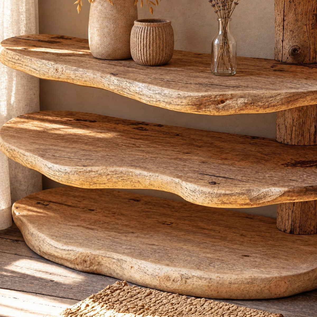 Stacked Slab Four Tier Shoe Rack, Organic Live Edge Solid Wood Entryway Shoe Shelf on Rear Posts