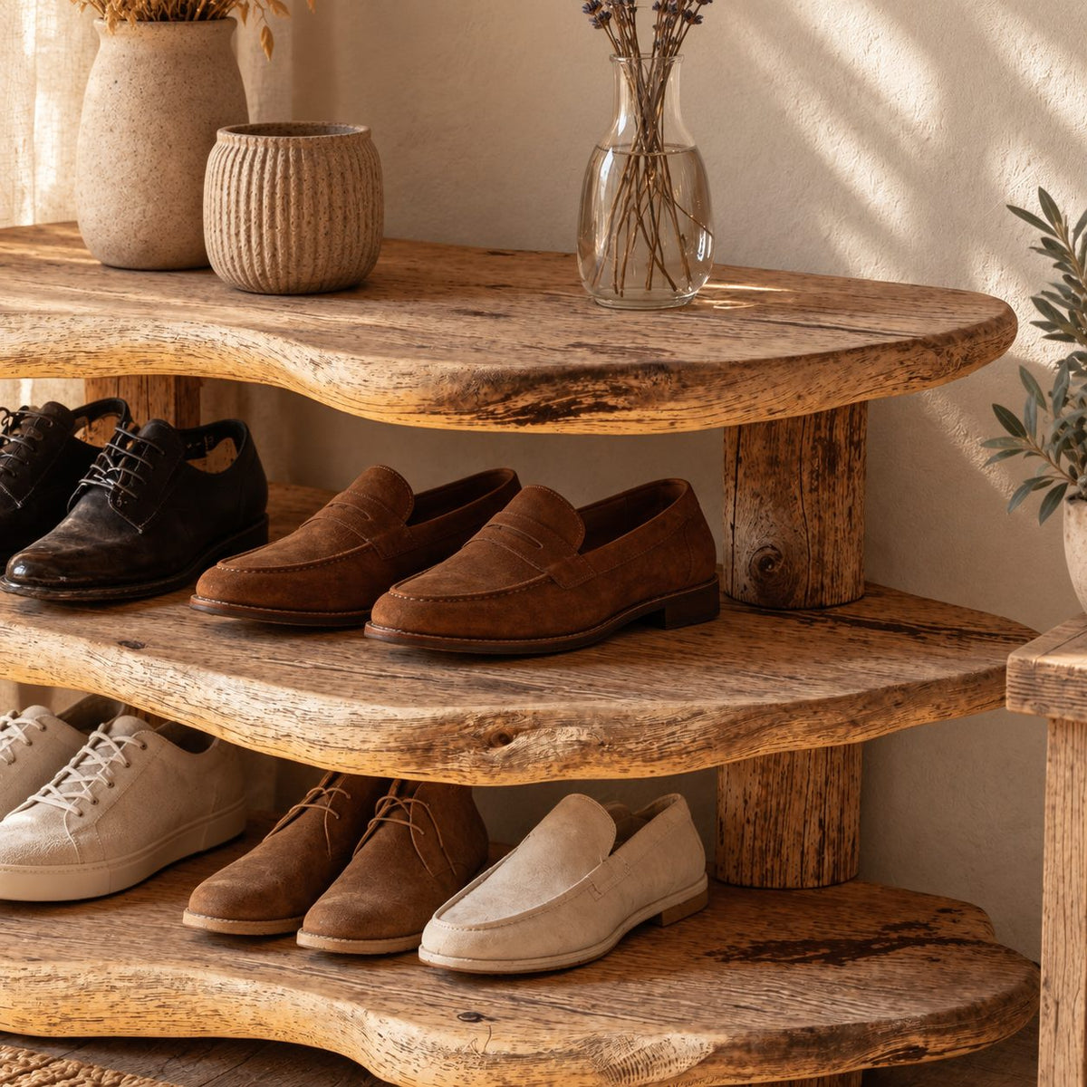 Stacked Slab Four Tier Shoe Rack, Organic Live Edge Solid Wood Entryway Shoe Shelf on Rear Posts