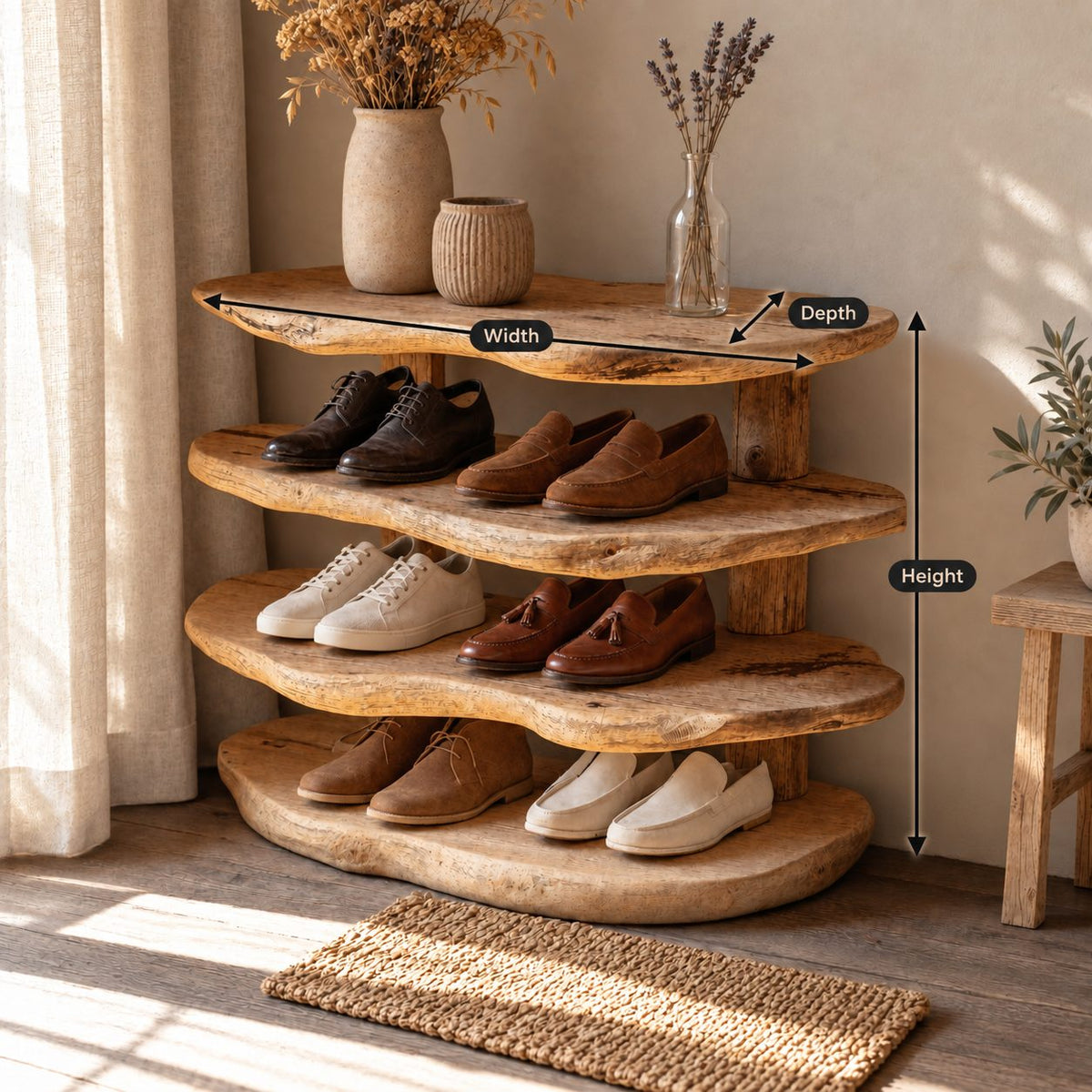 Stacked Slab Four Tier Shoe Rack, Organic Live Edge Solid Wood Entryway Shoe Shelf on Rear Posts