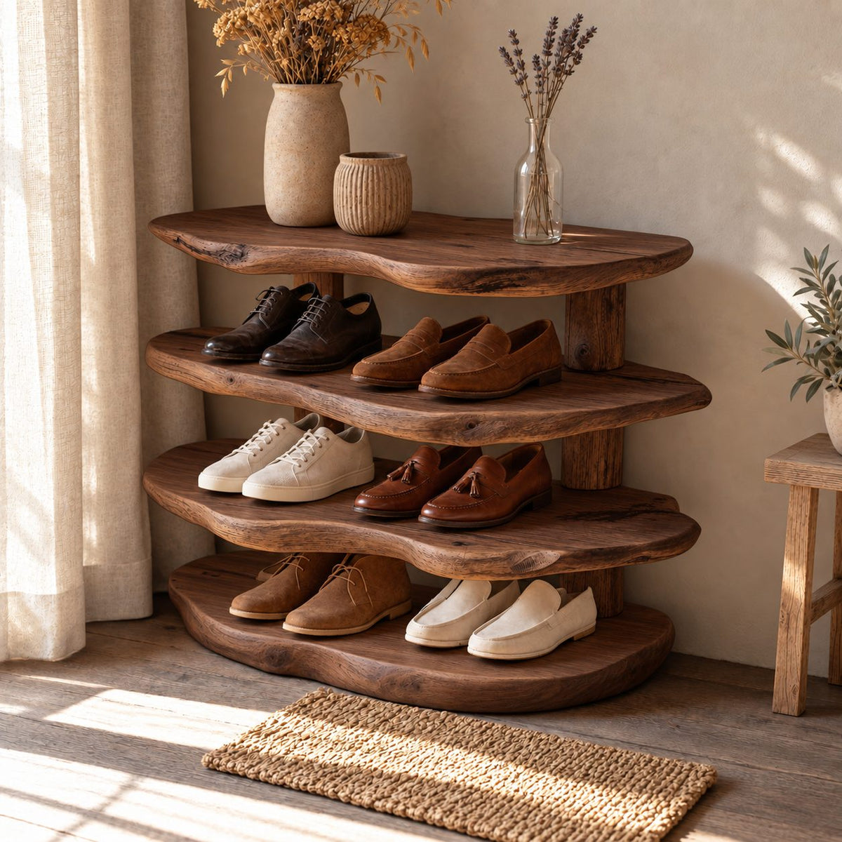 Stacked Slab Four Tier Shoe Rack, Organic Live Edge Solid Wood Entryway Shoe Shelf on Rear Posts