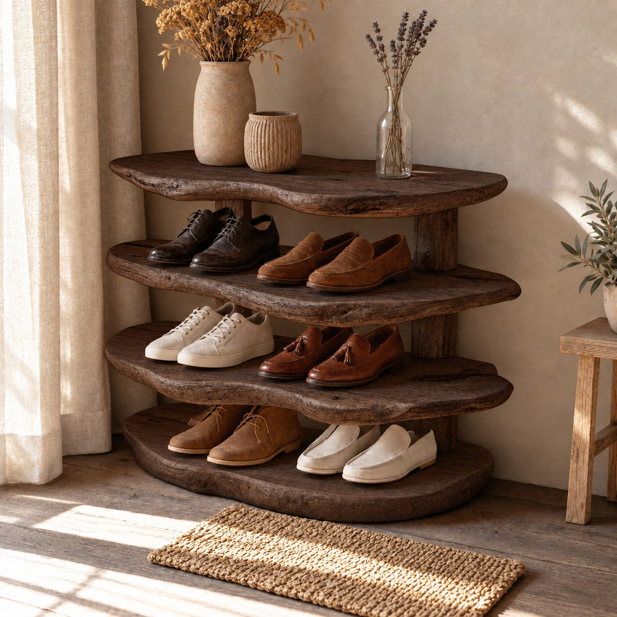 Stacked Slab Four Tier Shoe Rack, Organic Live Edge Solid Wood Entryway Shoe Shelf on Rear Posts