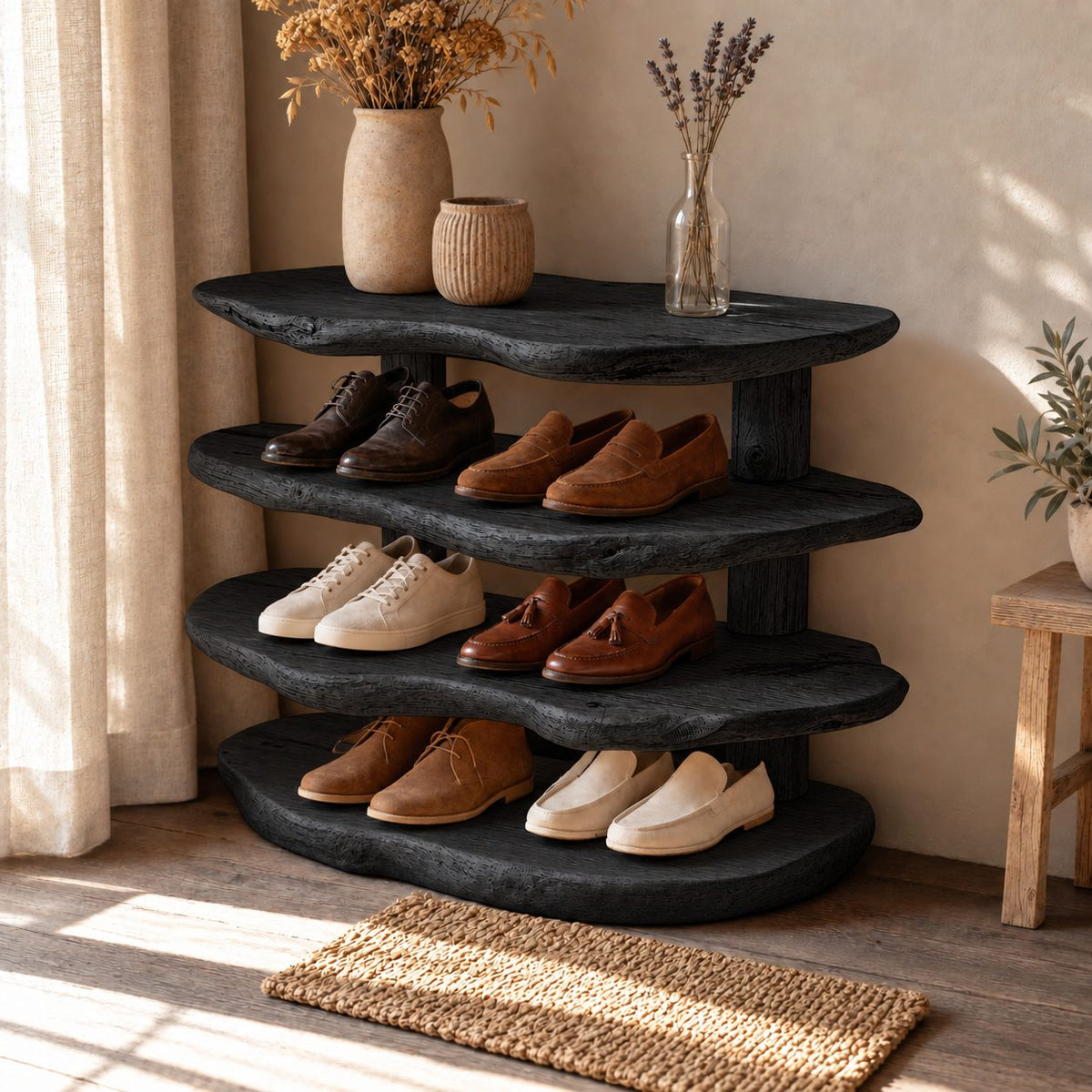 Stacked Slab Four Tier Shoe Rack, Organic Live Edge Solid Wood Entryway Shoe Shelf on Rear Posts