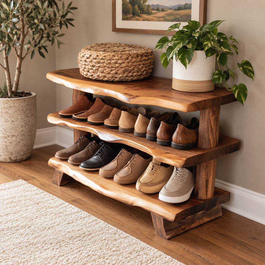 Three Slab Live Edge Shoe Rack Bench, Farmhouse Solid Wood Entryway Bench with Two Lower Shelves