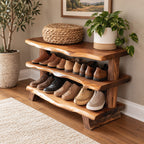 Three Slab Live Edge Shoe Rack Bench, Farmhouse Solid Wood Entryway Bench with Two Lower Shelves