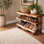 Three Slab Live Edge Shoe Rack Bench, Farmhouse Solid Wood Entryway Bench with Two Lower Shelves
