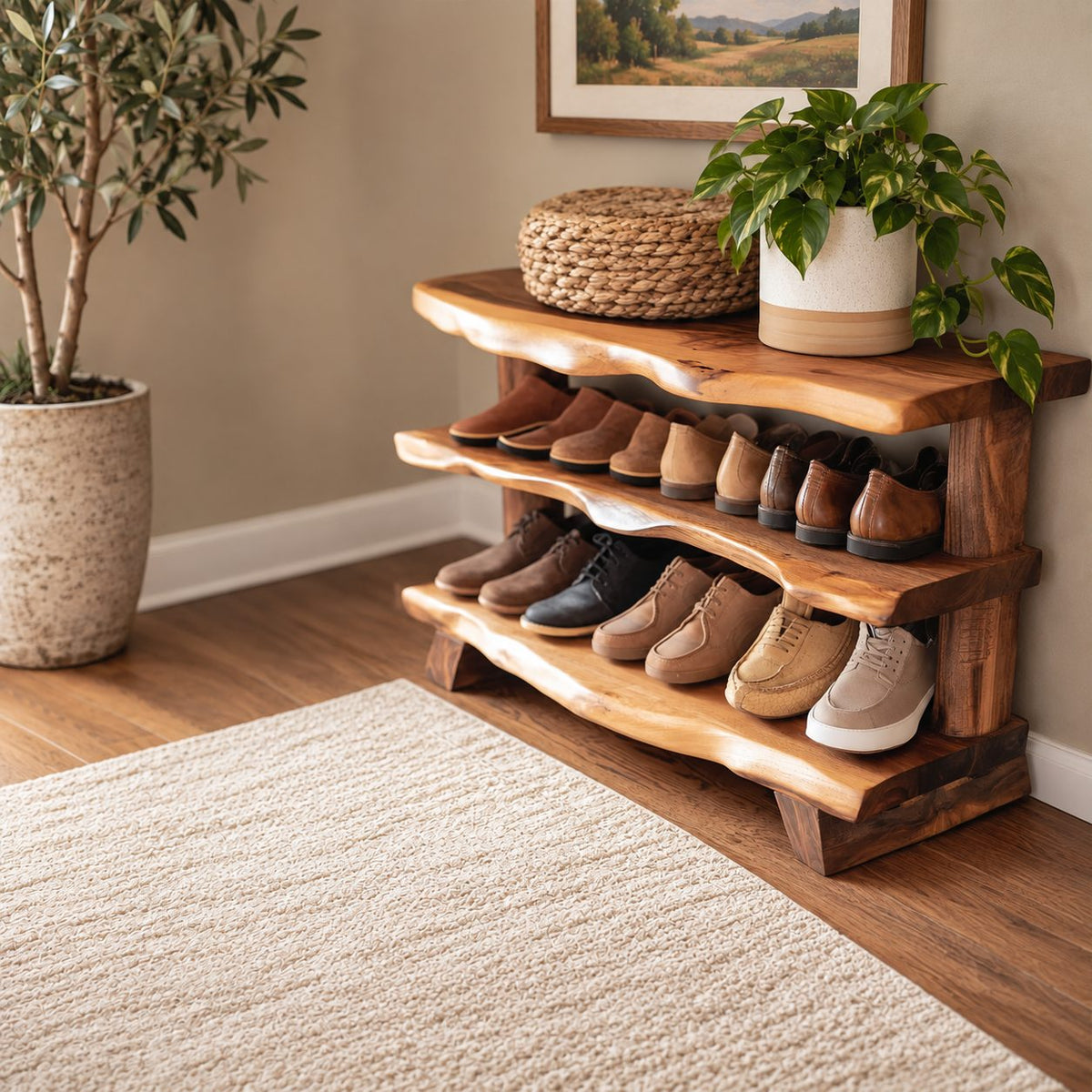 Three Slab Live Edge Shoe Rack Bench, Farmhouse Solid Wood Entryway Bench with Two Lower Shelves