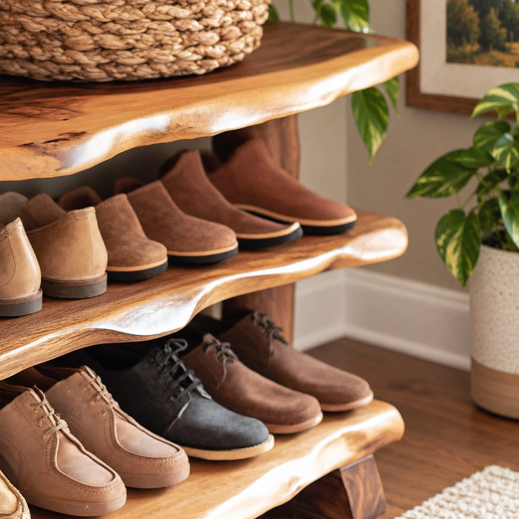 Three Slab Live Edge Shoe Rack Bench, Farmhouse Solid Wood Entryway Bench with Two Lower Shelves