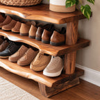 Three Slab Live Edge Shoe Rack Bench, Farmhouse Solid Wood Entryway Bench with Two Lower Shelves