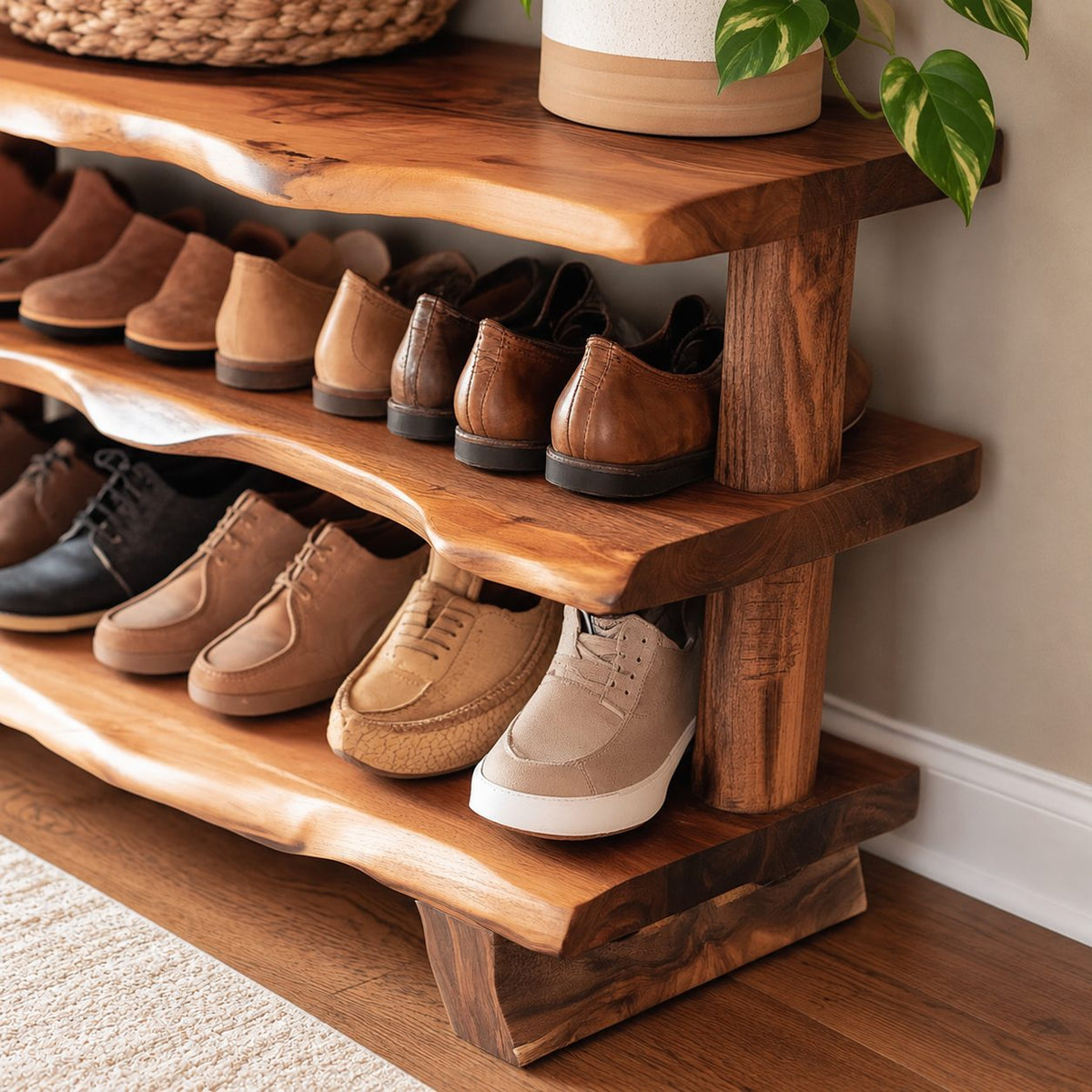 Three Slab Live Edge Shoe Rack Bench, Farmhouse Solid Wood Entryway Bench with Two Lower Shelves