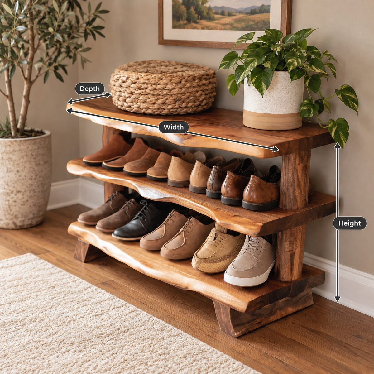 Three Slab Live Edge Shoe Rack Bench, Farmhouse Solid Wood Entryway Bench with Two Lower Shelves