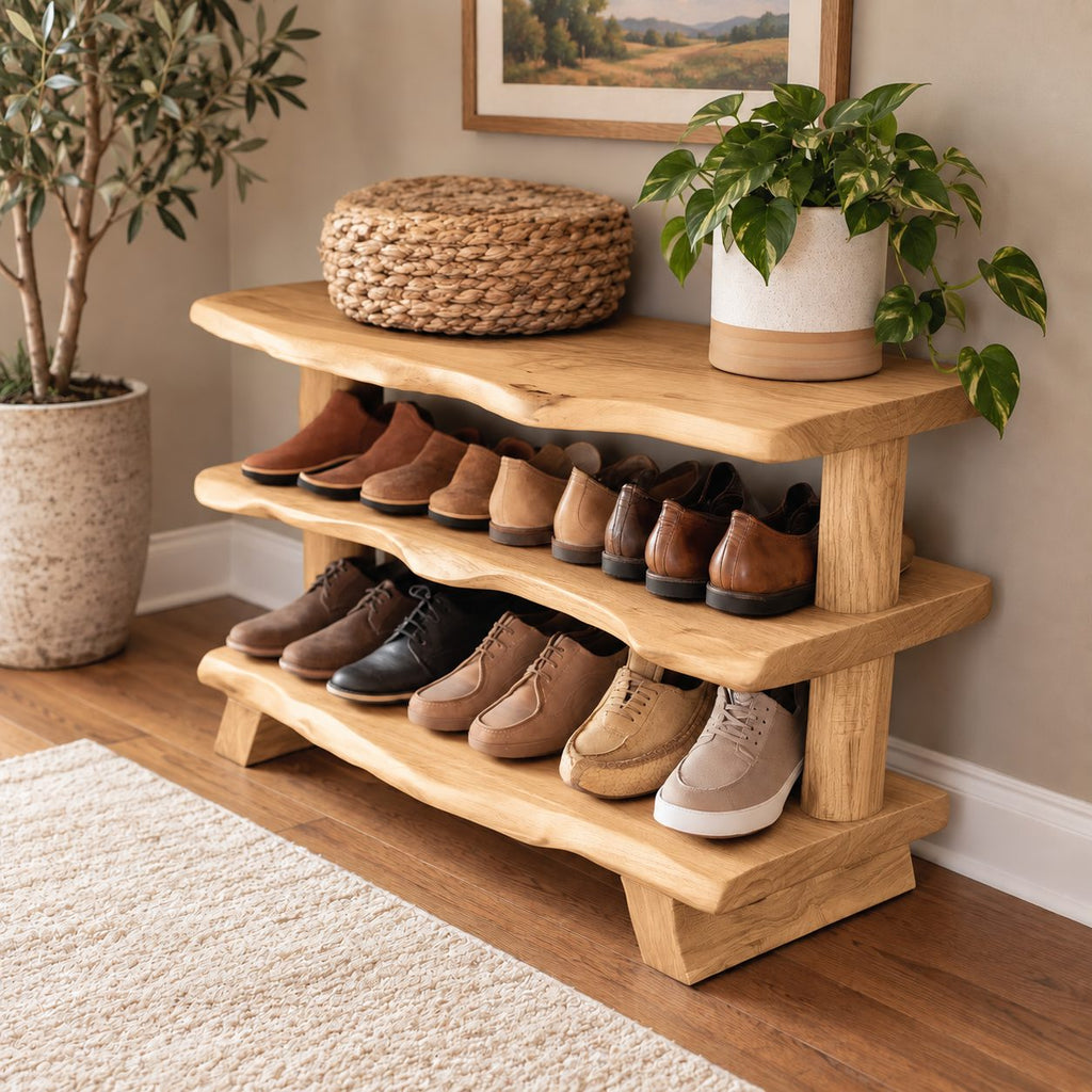 Three Slab Live Edge Shoe Rack Bench, Farmhouse Solid Wood Entryway Bench with Two Lower Shelves