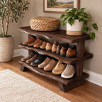 Three Slab Live Edge Shoe Rack Bench, Farmhouse Solid Wood Entryway Bench with Two Lower Shelves