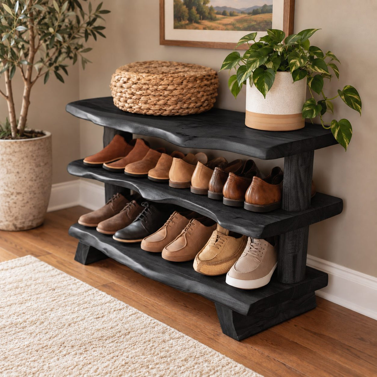 Three Slab Live Edge Shoe Rack Bench, Farmhouse Solid Wood Entryway Bench with Two Lower Shelves