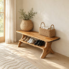 Branch Leg Live Edge Shoe Bench, Natural Solid Wood Hallway Bench with Lower Shoe Shelf