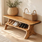 Branch Leg Live Edge Shoe Bench, Natural Solid Wood Hallway Bench with Lower Shoe Shelf