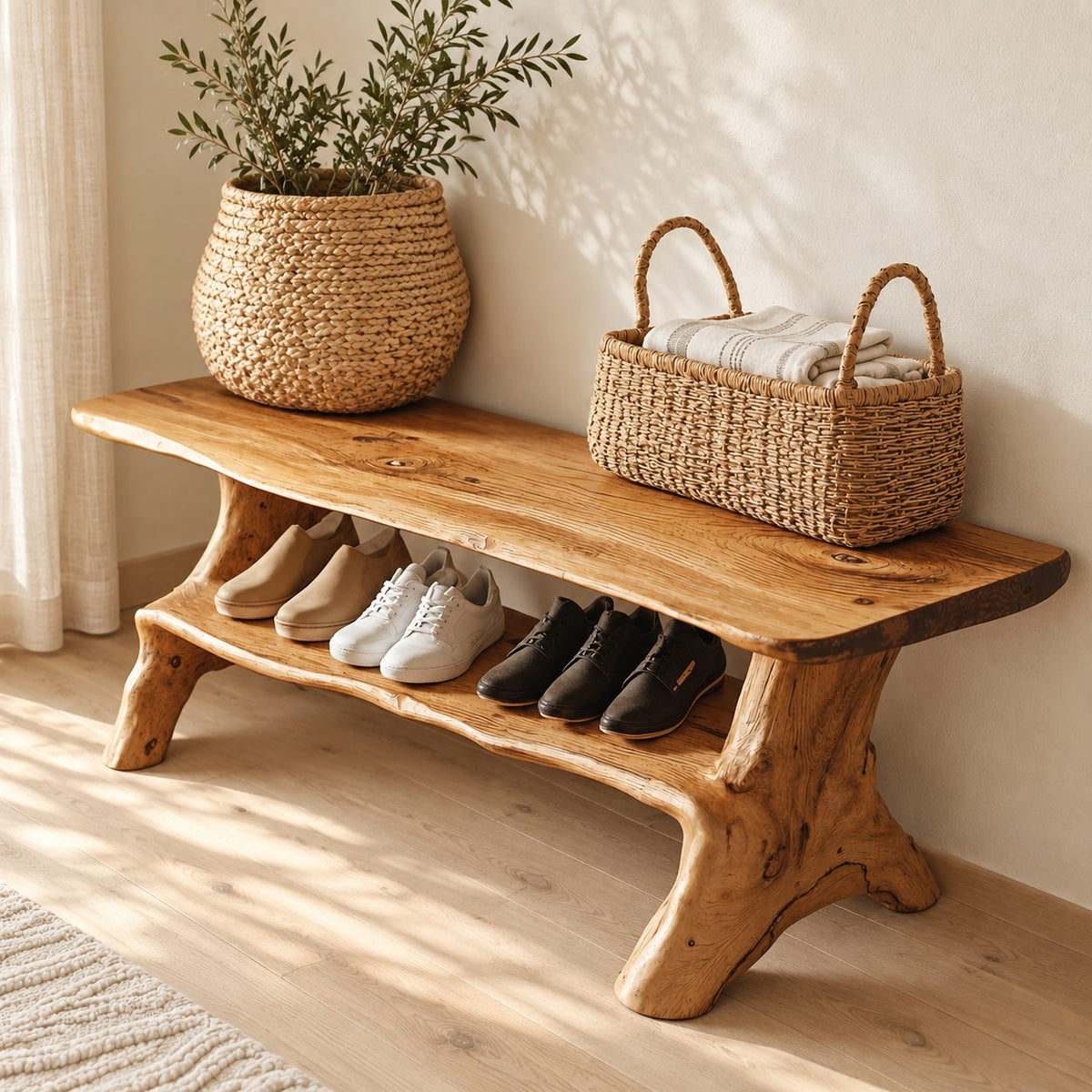 Branch Leg Live Edge Shoe Bench, Natural Solid Wood Hallway Bench with Lower Shoe Shelf