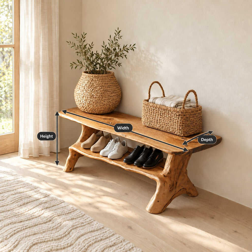 Branch Leg Live Edge Shoe Bench, Natural Solid Wood Hallway Bench with Lower Shoe Shelf
