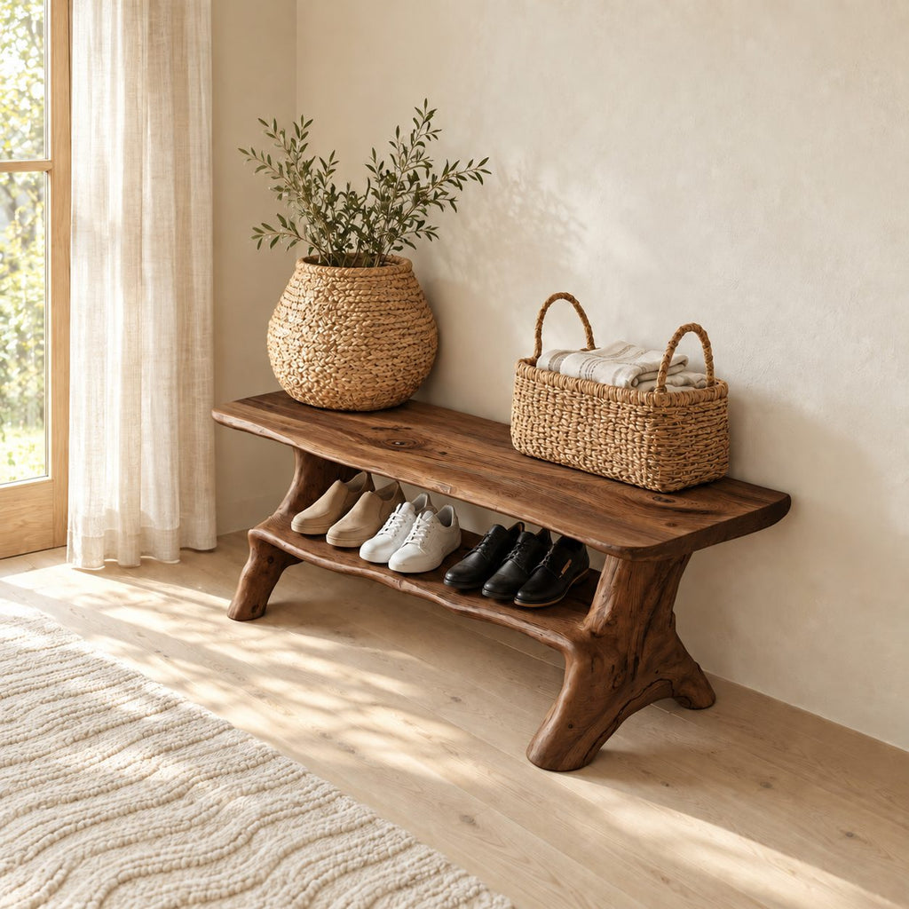 Branch Leg Live Edge Shoe Bench, Natural Solid Wood Hallway Bench with Lower Shoe Shelf