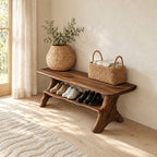 Branch Leg Live Edge Shoe Bench, Natural Solid Wood Hallway Bench with Lower Shoe Shelf