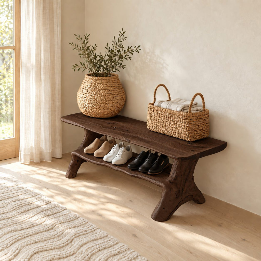 Branch Leg Live Edge Shoe Bench, Natural Solid Wood Hallway Bench with Lower Shoe Shelf