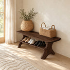 Branch Leg Live Edge Shoe Bench, Natural Solid Wood Hallway Bench with Lower Shoe Shelf