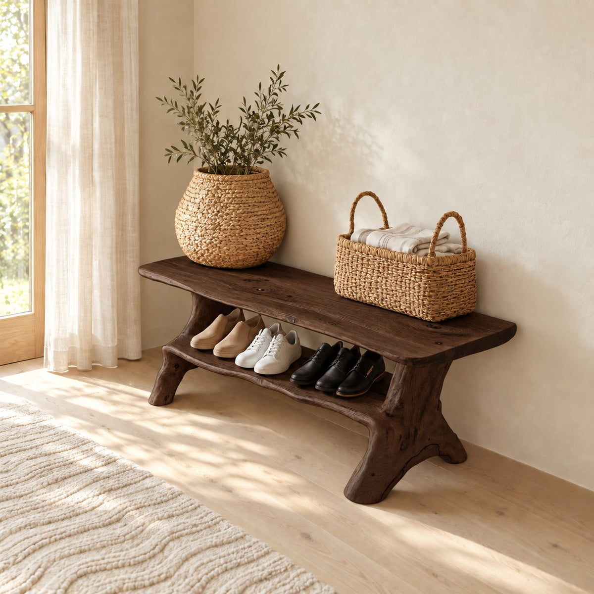 Branch Leg Live Edge Shoe Bench, Natural Solid Wood Hallway Bench with Lower Shoe Shelf
