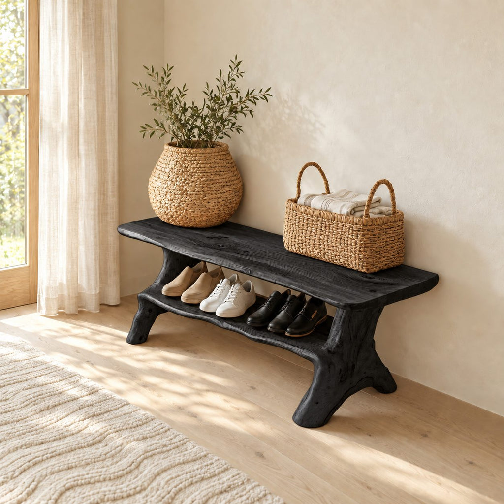 Branch Leg Live Edge Shoe Bench, Natural Solid Wood Hallway Bench with Lower Shoe Shelf