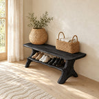 Branch Leg Live Edge Shoe Bench, Natural Solid Wood Hallway Bench with Lower Shoe Shelf