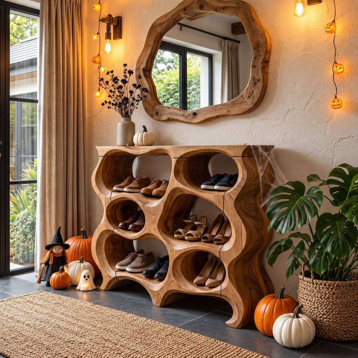 Wavy Honeycomb Shoe Cabinet, Sculpted Solid Wood Entryway Shoe Rack with Rounded Open Cubbies