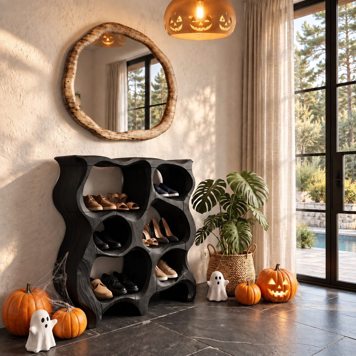 Wavy Honeycomb Shoe Cabinet, Sculpted Solid Wood Entryway Shoe Rack with Rounded Open Cubbies