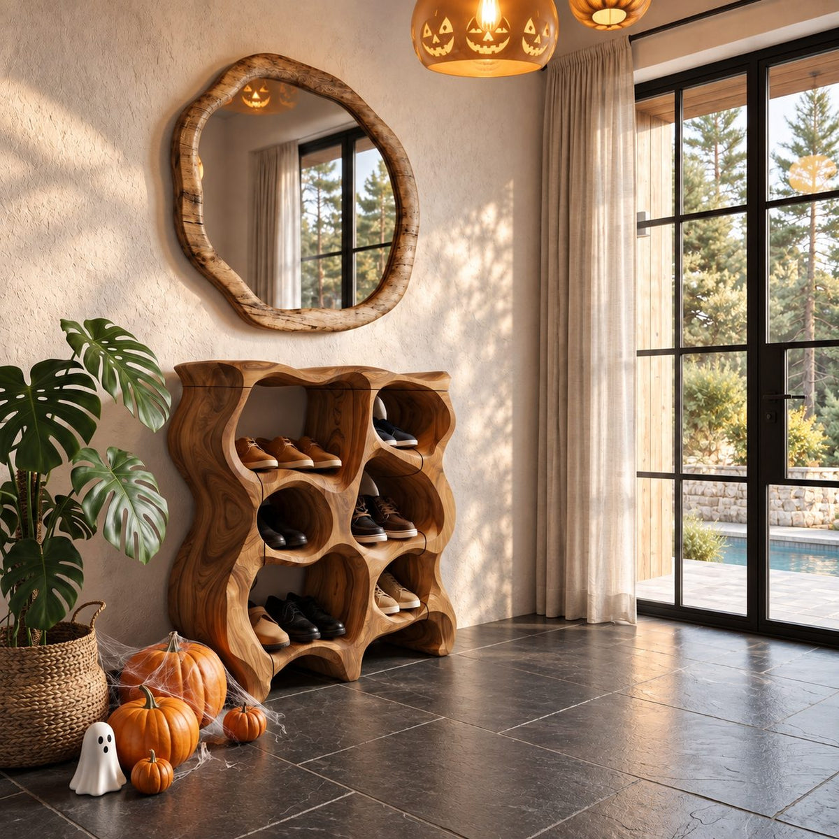 Wavy Honeycomb Shoe Cabinet, Sculpted Solid Wood Entryway Shoe Rack with Rounded Open Cubbies