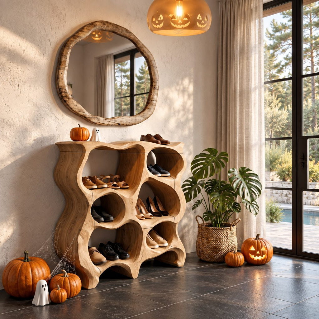 Wavy Honeycomb Shoe Cabinet, Sculpted Solid Wood Entryway Shoe Rack with Rounded Open Cubbies