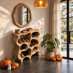 Wavy Honeycomb Shoe Cabinet, Sculpted Solid Wood Entryway Shoe Rack with Rounded Open Cubbies
