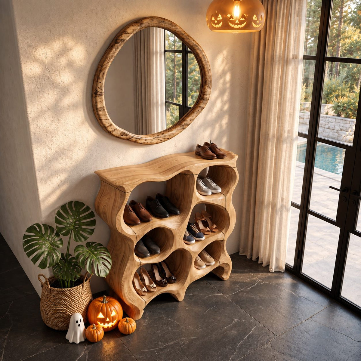 Wavy Honeycomb Shoe Cabinet, Sculpted Solid Wood Entryway Shoe Rack with Rounded Open Cubbies