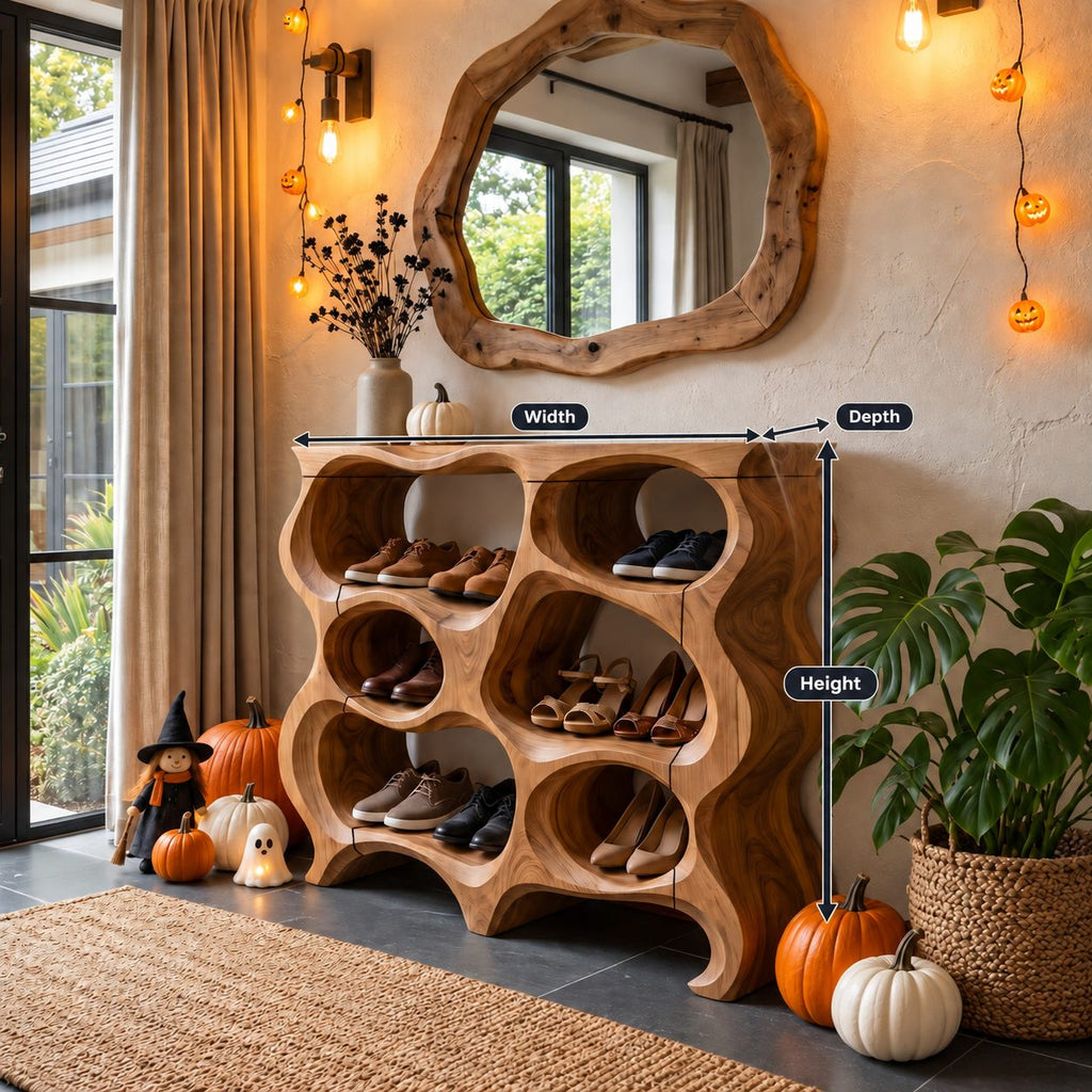 Wavy Honeycomb Shoe Cabinet, Sculpted Solid Wood Entryway Shoe Rack with Rounded Open Cubbies