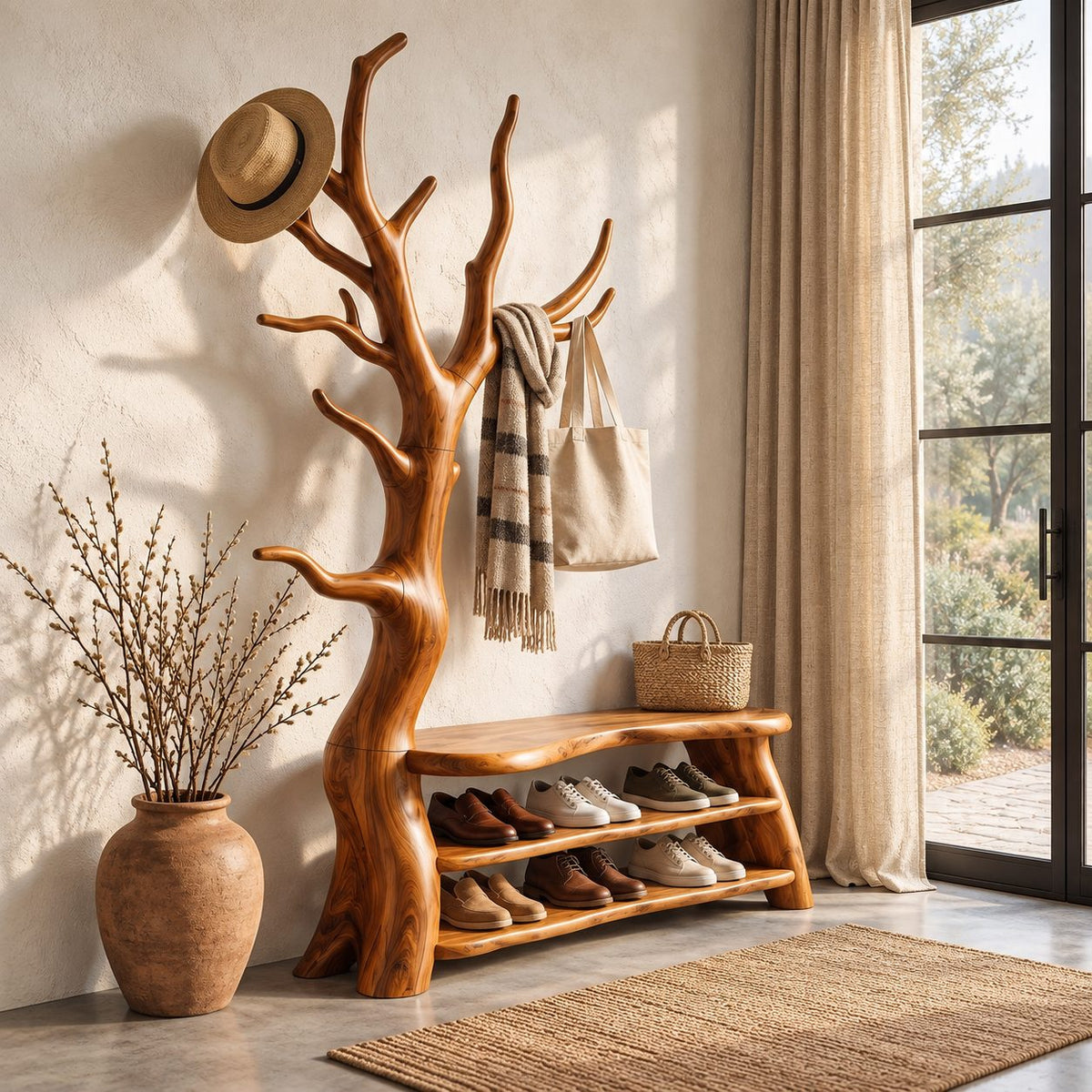 Branching Tree Coat Rack with Shoe Bench, Solid Wood Entryway Hall Tree with Two Open Shoe Shelves