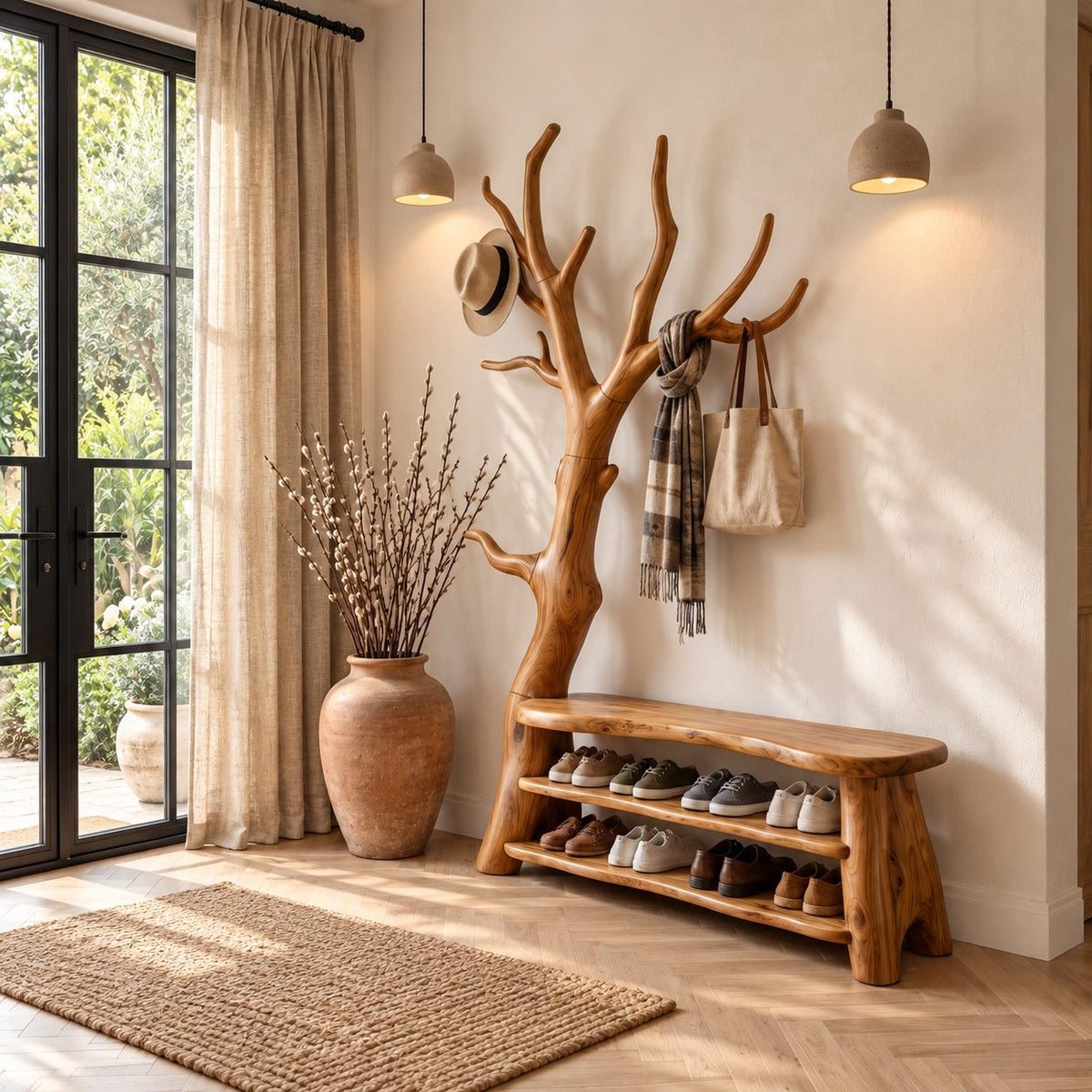 Branching Tree Coat Rack with Shoe Bench, Solid Wood Entryway Hall Tree with Two Open Shoe Shelves