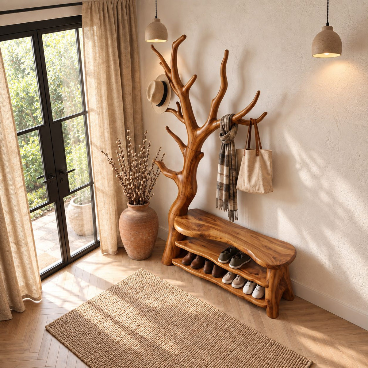Branching Tree Coat Rack with Shoe Bench, Solid Wood Entryway Hall Tree with Two Open Shoe Shelves
