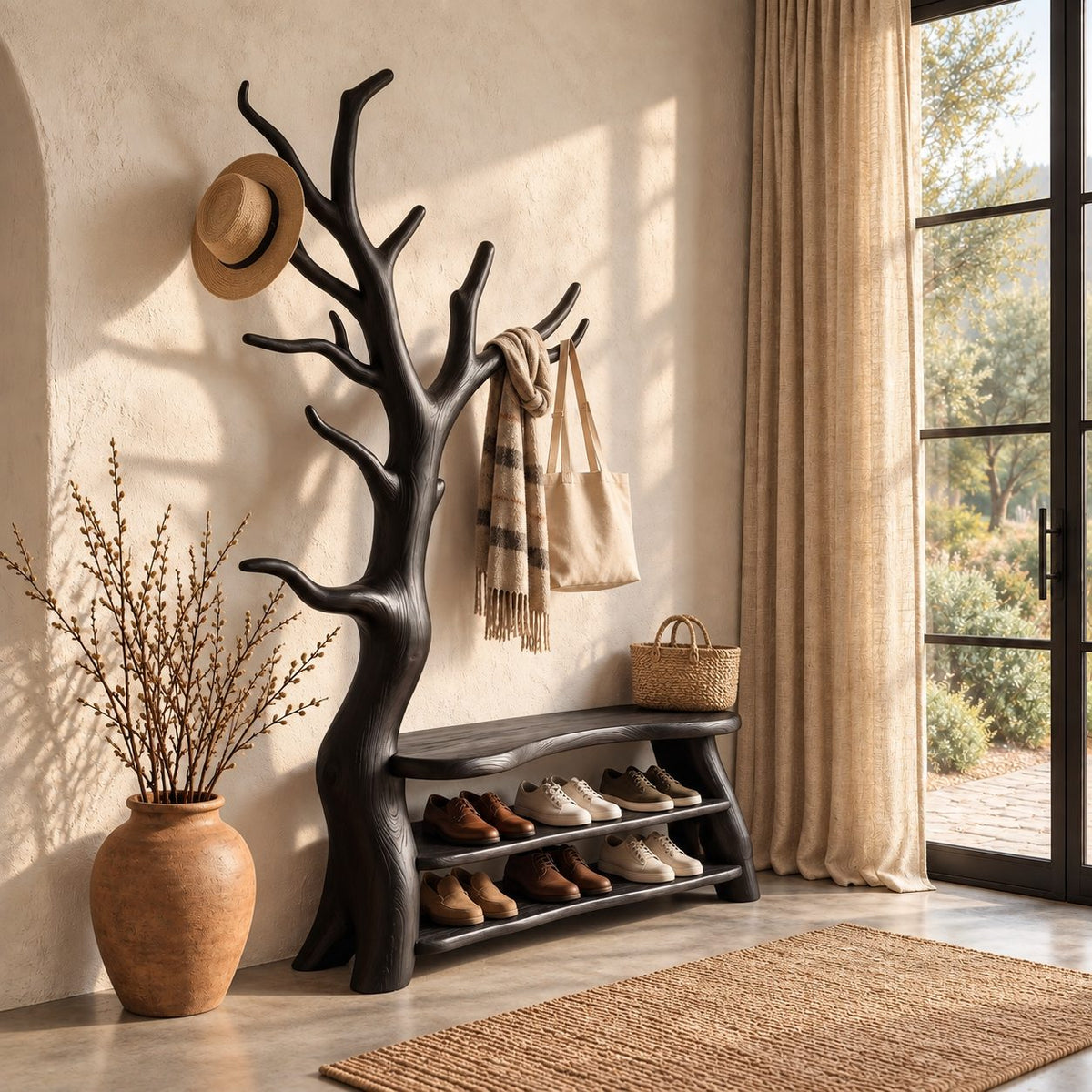 Branching Tree Coat Rack with Shoe Bench, Solid Wood Entryway Hall Tree with Two Open Shoe Shelves