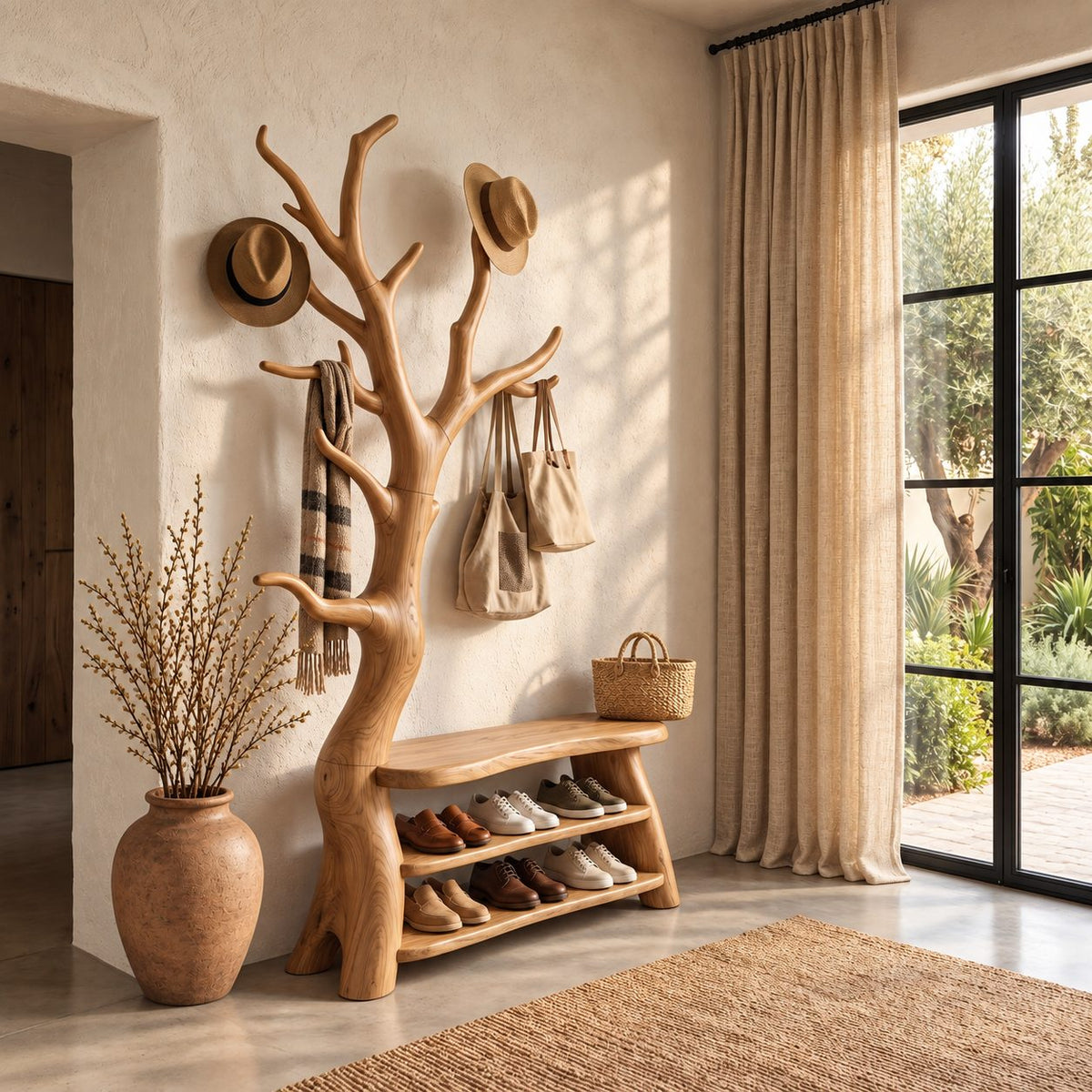 Branching Tree Coat Rack with Shoe Bench, Solid Wood Entryway Hall Tree with Two Open Shoe Shelves